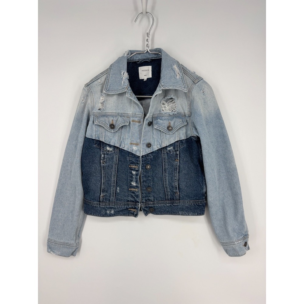 Hidden Denim Jacket Women S Distressed Two Tone Cropped Colorblock Y2K - Picture 2 of 9